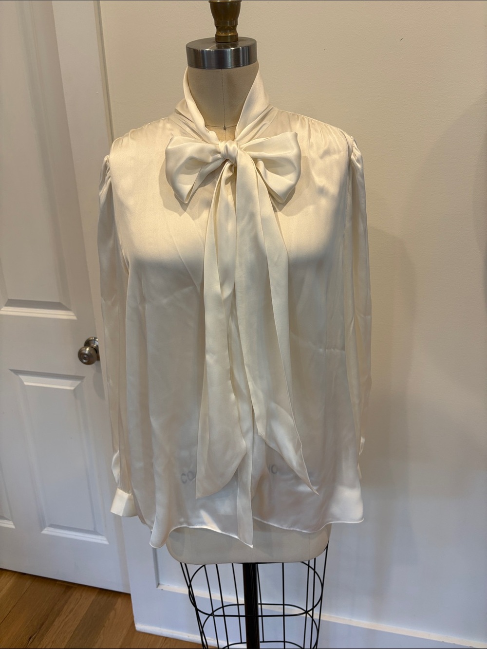Frame Denim Ivory Satin Bow Tie Blouse